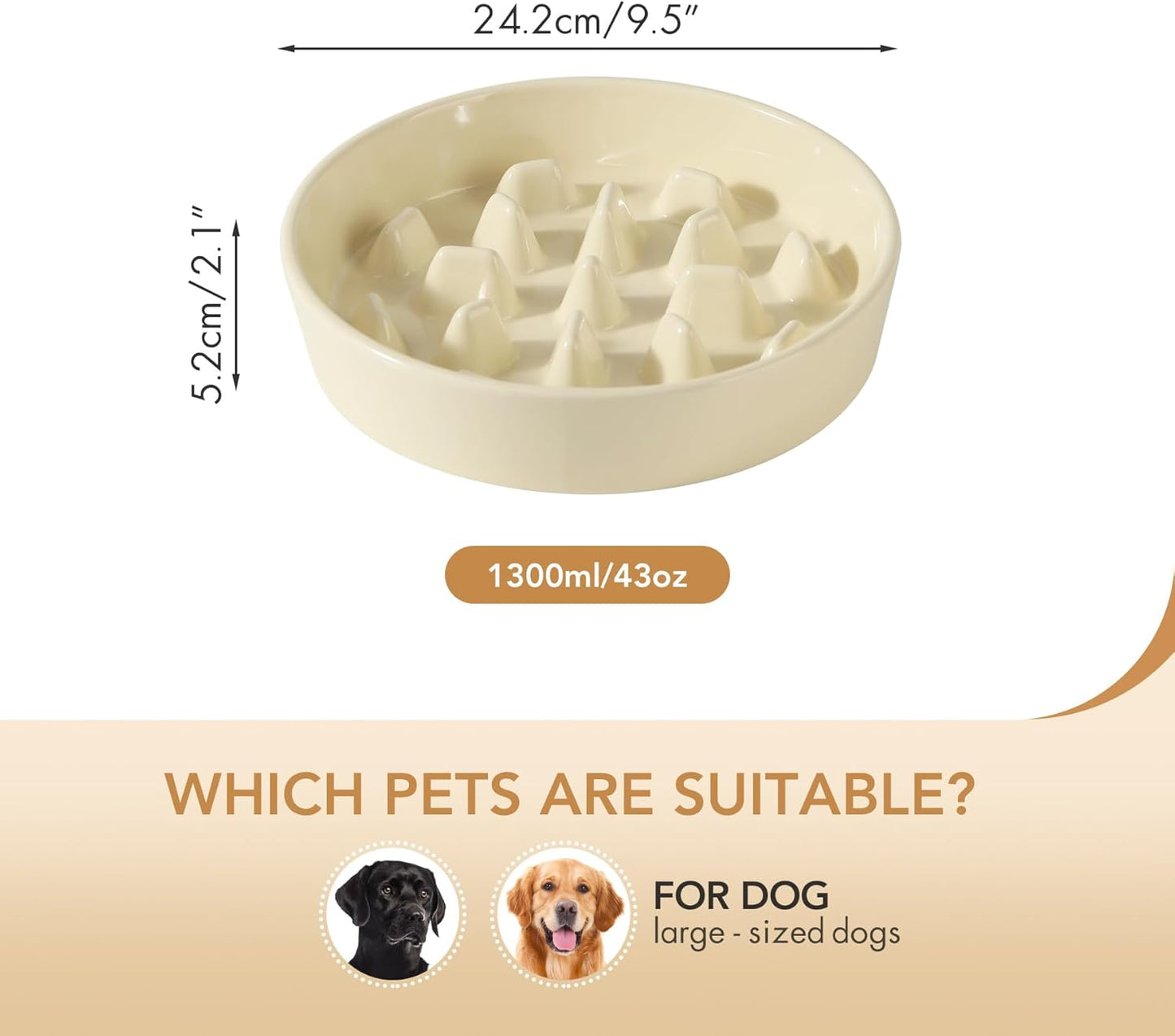 Ceramic 9.5 inch Dog Bowl Slow Feeder, Slow Pet Food Dish for Large Dog, Stop Bloat, Preventing Choking(Single Bowl, Beige)