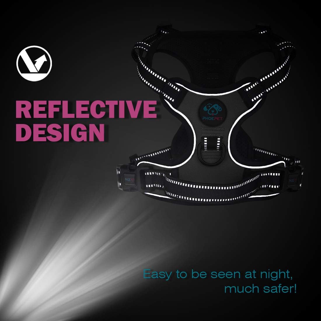 PHOEPET No Pull Dog Harnesses for Small Puppies Reflective Adjustable Front Clip Vest with 2 Metal Leash Attachment Hooks Soft Handle(XS, Black)