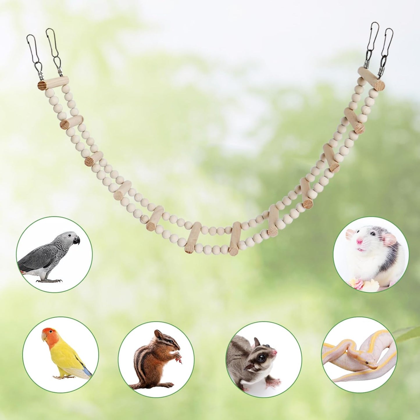 Long Bird Ladder with Wooden Rungs and Beads, Parakeet Climbing Swing Toys, Bird Cage Accessories, Wooden Climbing Bridge Toys for Parrots, Rat, Sugar Gliders, Squirrels, Snakes
