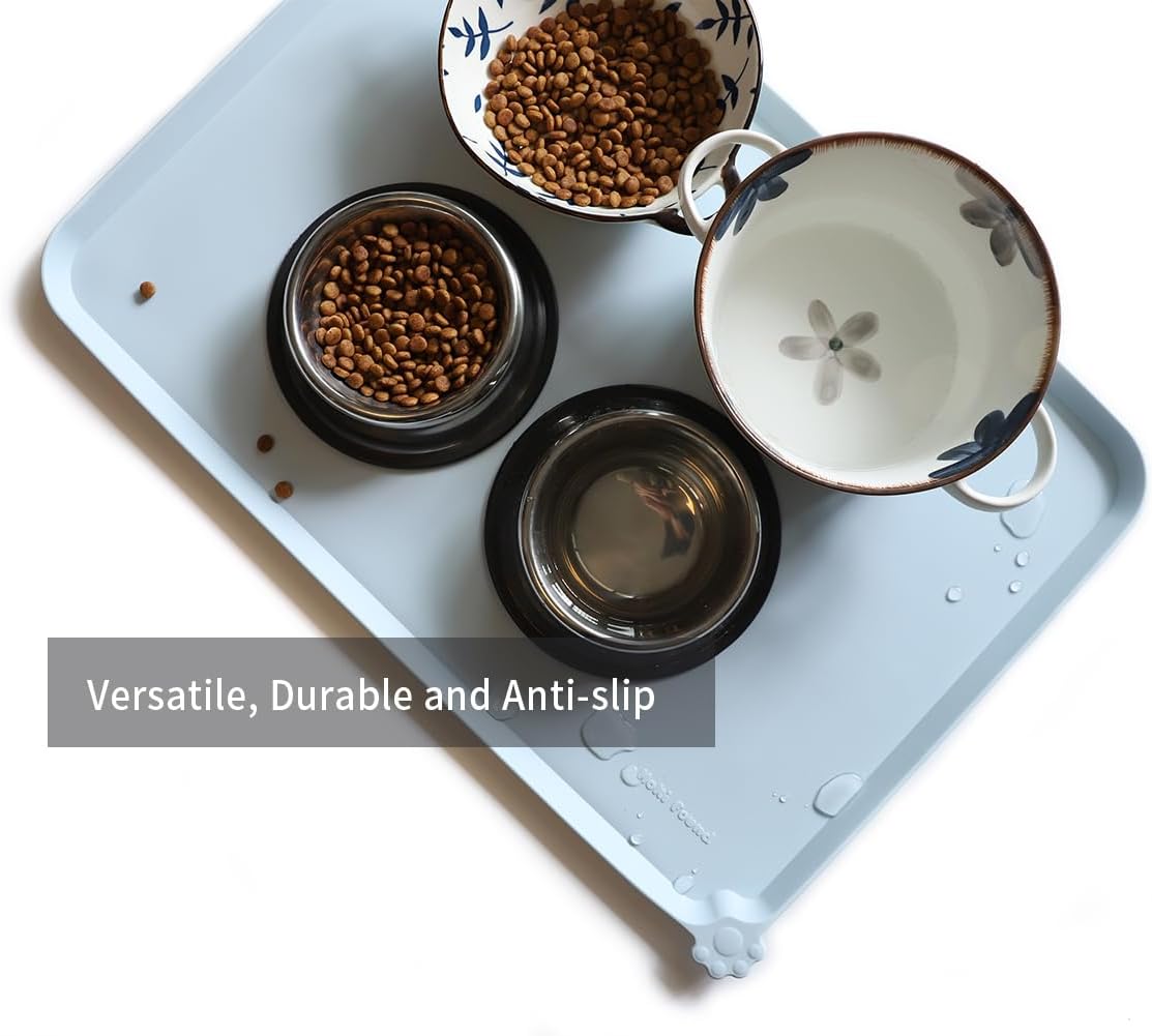 Hoki Found Large Silicone Pet Food Mats Tray - Non Slip Pet Bowl Mats Placemat - Dog Pet Cat Feeding Mat - Waterproof Dog Cat Food Mats -Pet Water Mats for Floors - Frost