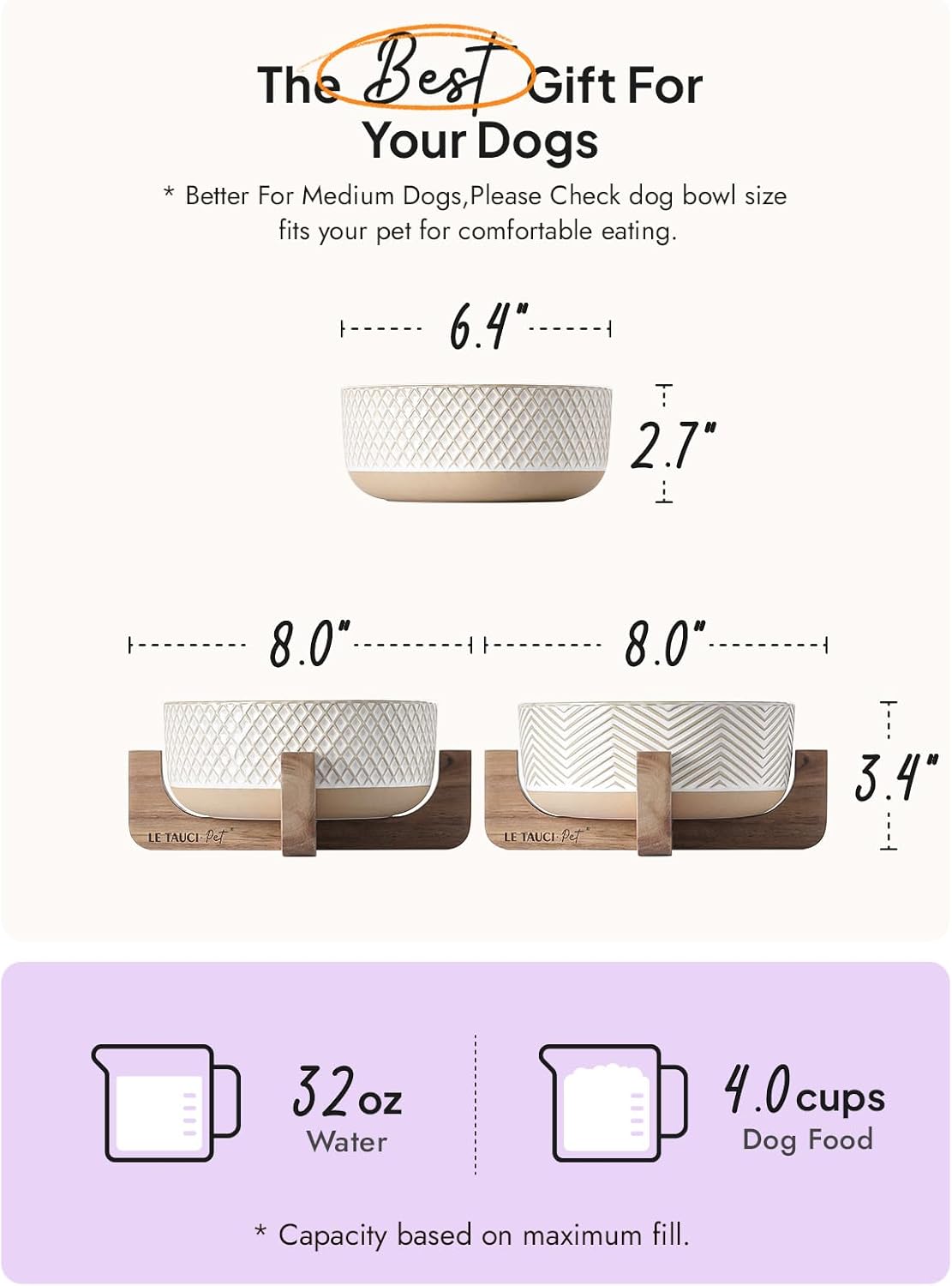 Ceramic Dog Bowl Set, 4 Cups Food and Water Bowl for Medium Small Dogs, Cute Pet Dishes with Wood Stand, Rhombus+Wave Design (Set of 2)