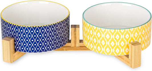 Selamica Ceramic 30 OZ Dog Bowls with Wooden Stand, Anti-Slip Dishes Set for Cats and Small Dogs, Weighted Bowls in Assorted Colors