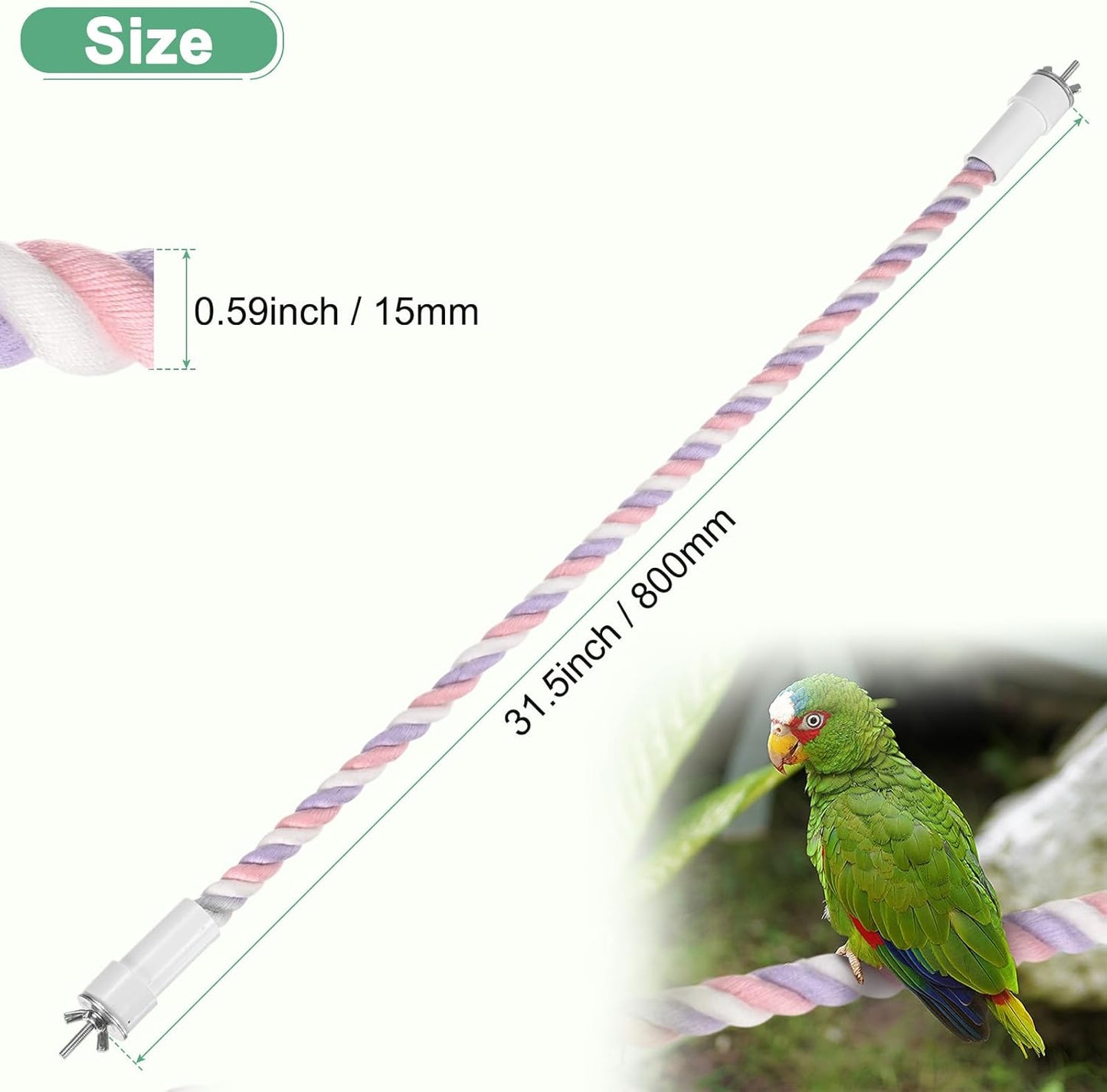 1-Pack Rope Perches for Bird Cages, 31.5 in Length Comfort Grip Flexible Rope Perch Beak & Paw Grinding for Parrots/Cockatiels/Parakeets, Bird Platform Sand [Pink Purple]