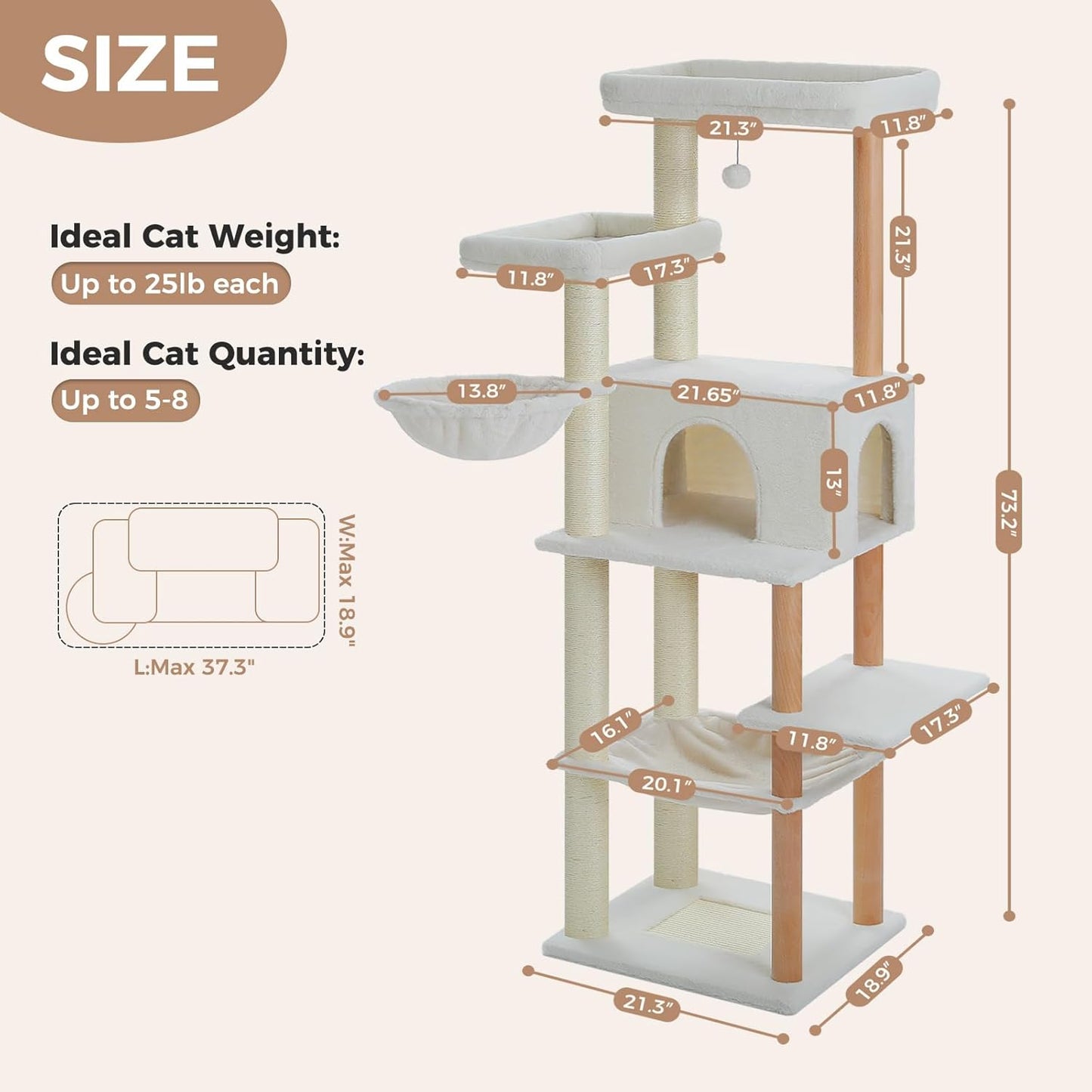 PAWZ Road Large Cat Tree, 73 Inches Tall Wooden Cat Tower with 2 Spacious Hammocks,2 Big Top Beds,8 Fully Scratching Posts and Natural Wood Posts, Multi Cat Tree for Indoor Cats Large Adult-XL
