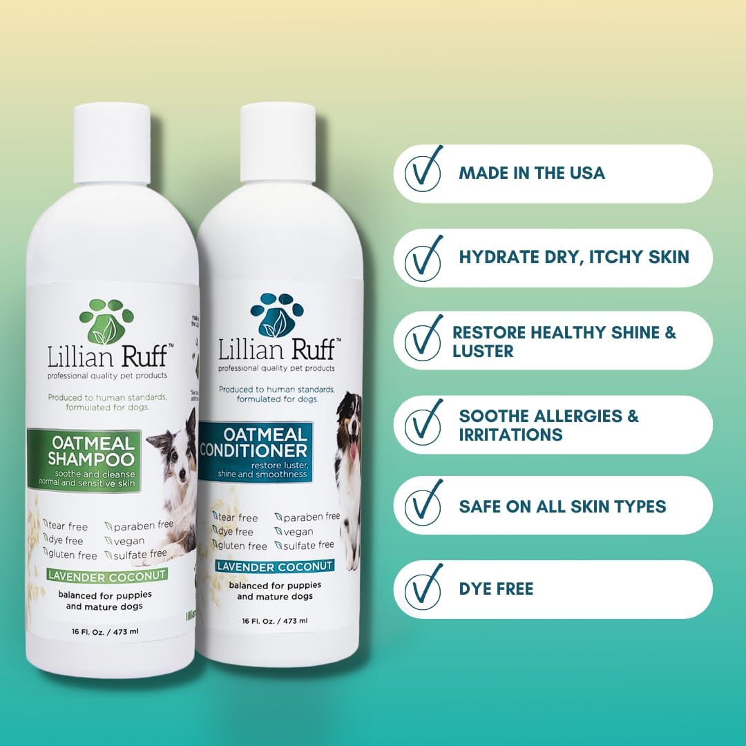 Lillian Ruff Starter Pack Gift Set for Dogs | Oatmeal Shampoo, Oatmeal Conditioner, Waterless Shampoo Citrus, Ear Cleaner & Otic Wax Solvent, Breath Spray, Leash Clip Waste Bag Dispenser with 15 Bags