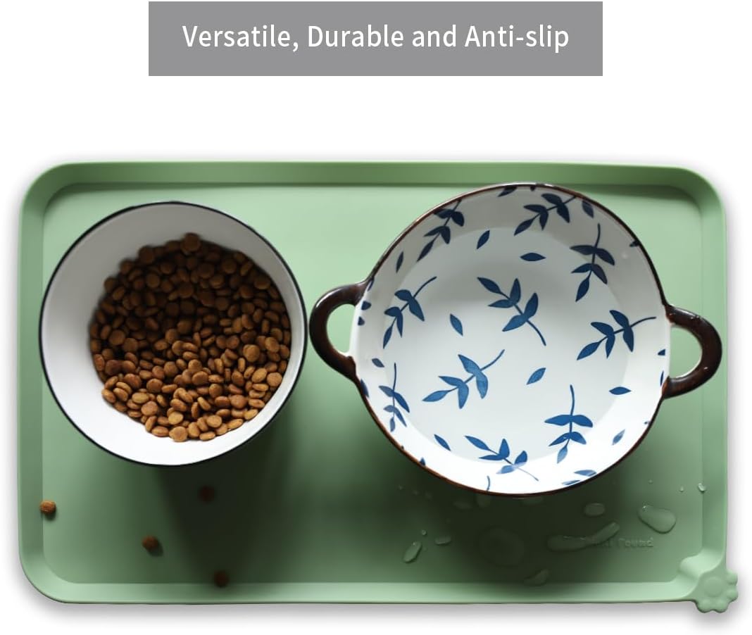 Hoki Found Silicone Non Slip Pet Food Mats - Bowl Placemat for Dogs Cats - Waterproof for Carpet - Jade