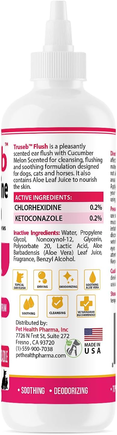 Truseb Advanced Topical Dog Ear Wash with Ketoconazole & Chlorhexidine Ear Flush Dog, Cats and Horses, with Aloe - 12 oz Made in U.S.A (Ketoconazole & Chlorhexidine Ear Flush, 12 oz)