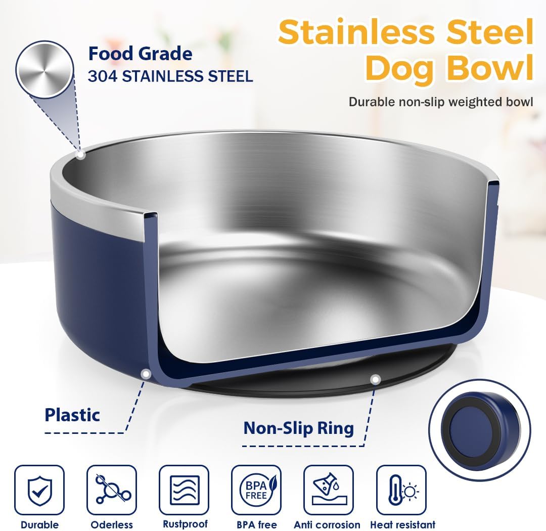 IKITCHEN Dog Bowl for Food and Water, 64 Oz Stainless Steel Pet Feeding Bowl, Durable Non-Skid Double Wall Insulated Heavy Duty with Rubber Bottom for Medium Large Sized Dogs (64 Ounces/8 Cup, Blue)