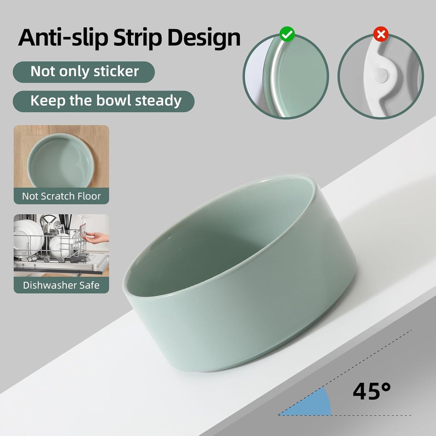 Ceramic 8.2inch Dog Bowl for Large-Breed Dogs, Anti-Slip and Weighted Pet Food and Water Bowl (Single Bowl - Light Green)