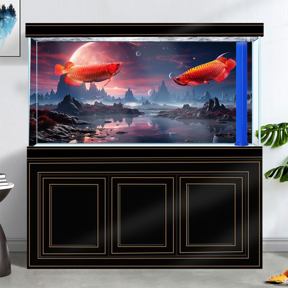 36X20IN Cosmic Spaceterrarium Background, Cool Parallel Space Themed Aquarium Reptile Habitat Background, Red Moon Aquarium Background with 10EVA Double-Sided Tape