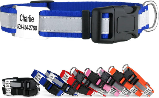 GoTags Reflective Personalized Dog Collar with Nameplate, Adjustable Dog Collar with Custom Engraved Steel Slide On Pet ID Tag, Silent, No Noise Dog Tag for Large Medium or Small (Blue, Medium)