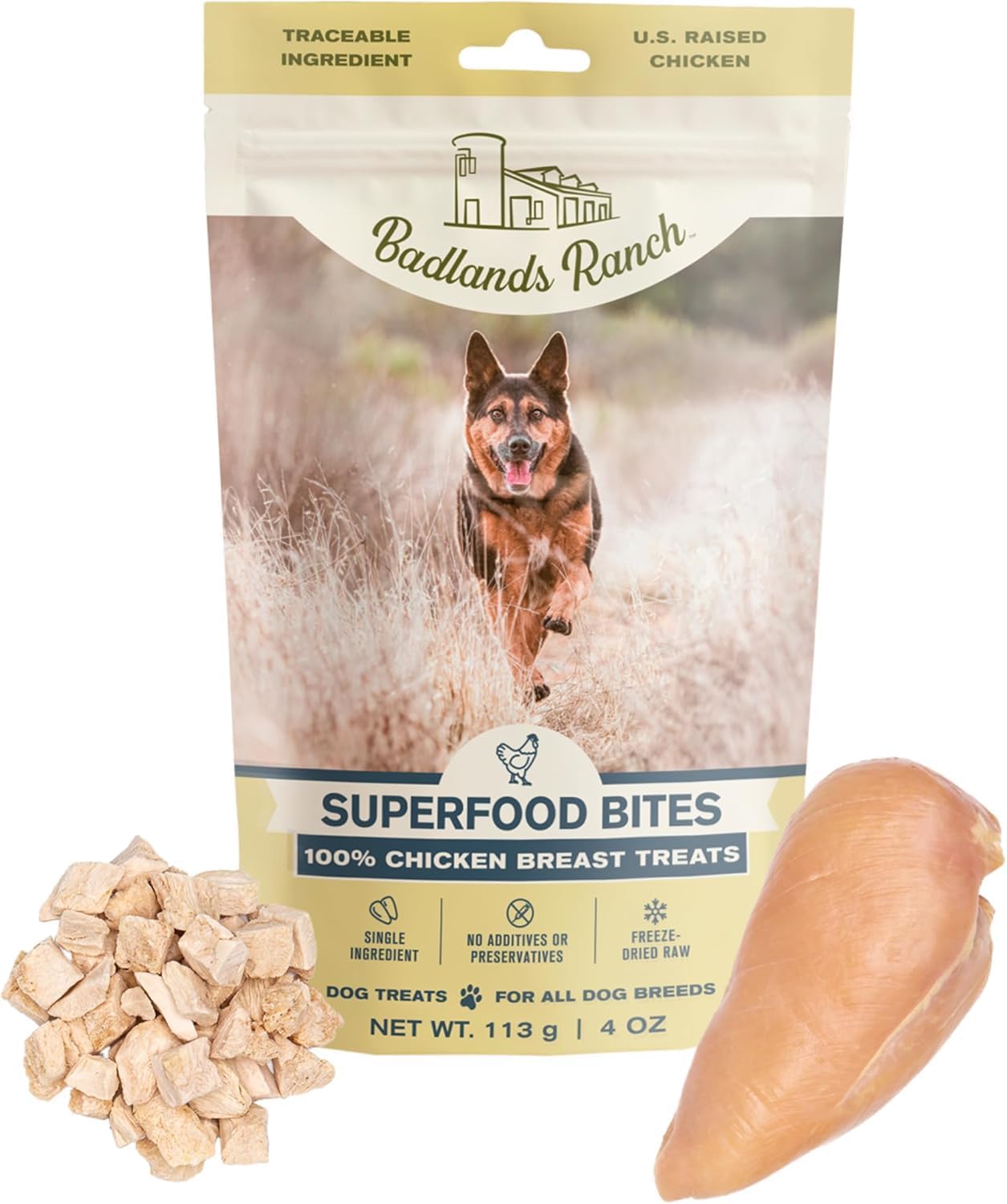 BADLANDS RANCH - Superfood Bite, Freeze-Dried Raw Dog Treats - Protein Rich, Train & Reward, Traceable Single Ingredient by Katherine Heigl (4 Ounce (Pack of 4) Chicken Breast)