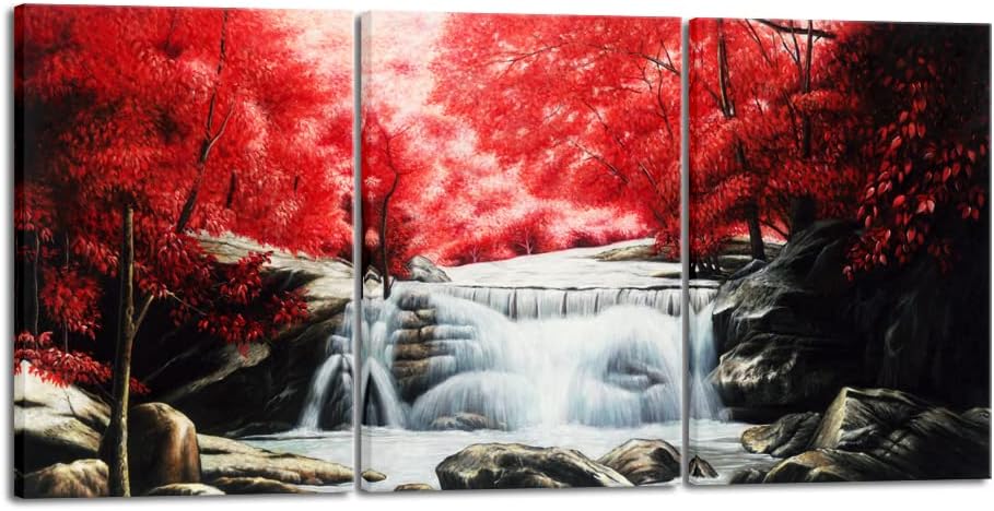 Wieco Art 3 Piece Red Forest Waterfalls Canvas Prints Wall Art for Living Bedroom Room Home Decorations Modern Gallery Wrapped Landscape Tree Oil Paintings Reproduction Pictures Artwork