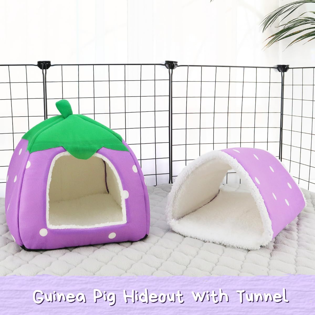 Guinea Pig Hideout with Tunnel, Washable Chinchilla House Bed, Fleece Hideaway, Enrichment Toys, and Cage Accessories for Ferret Hedgehog Small Animal