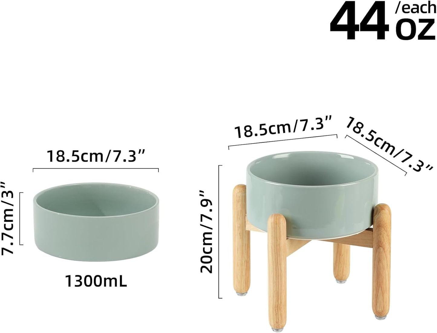 Ceramic 7.3inch Raised Dog Bowl Set, Elevated with Wooden Stand, Food and Water Bowl for Medium Breed Dogs, Weighted Dog Dishes, Pet Feeder(Light Green)