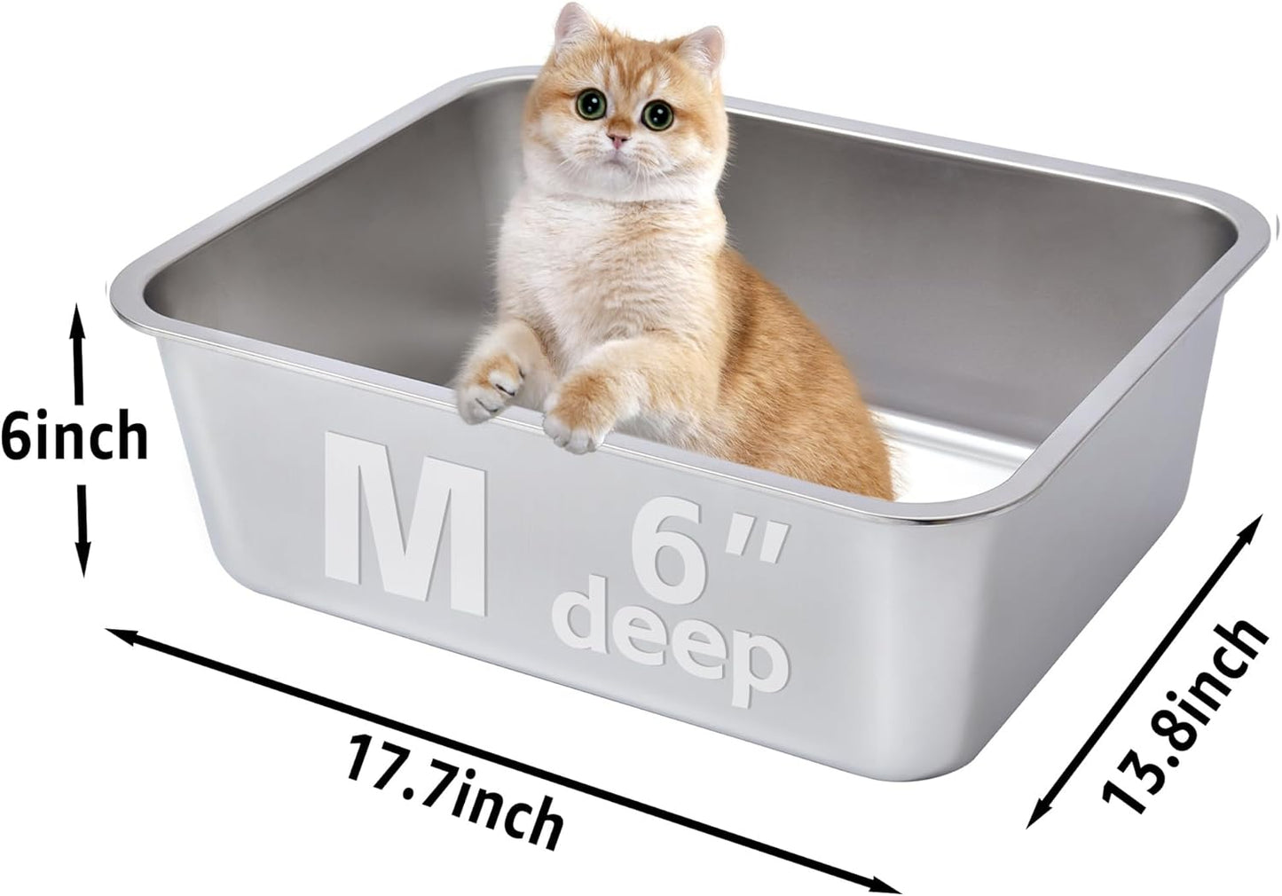 Stainless Steel Litter Box -6in High Side,Metal Litter Box for Cat/Kitty/Rabbits 17" L x 13.8" W x 6" H，Stainless Steel Cat LitterBox-Metal PanToilet,No Smell, Non Stick, Easy Clean.
