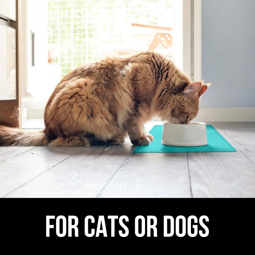 GORILLA GRIP 100% Waterproof Raised Edge BPA Free Silicone Pet Feeding Mat, Dog Cat Food Mats Contain Spills Protects Floors, Placemats for Cats and Dogs Water Bowl, Pets Accessories 32x24 Turquoise