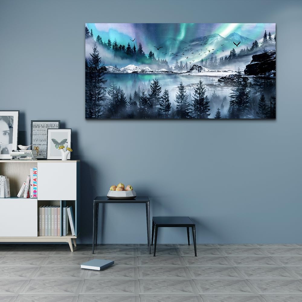 hyidecorart Large Wall Decorations For Office Canvas Wall Art For Living Room Stretched And Framed Canvas Prints Paintings Blue Aurora Scenery Wall Pictures Artwork Ready To Hang Hotel Mural 48x24