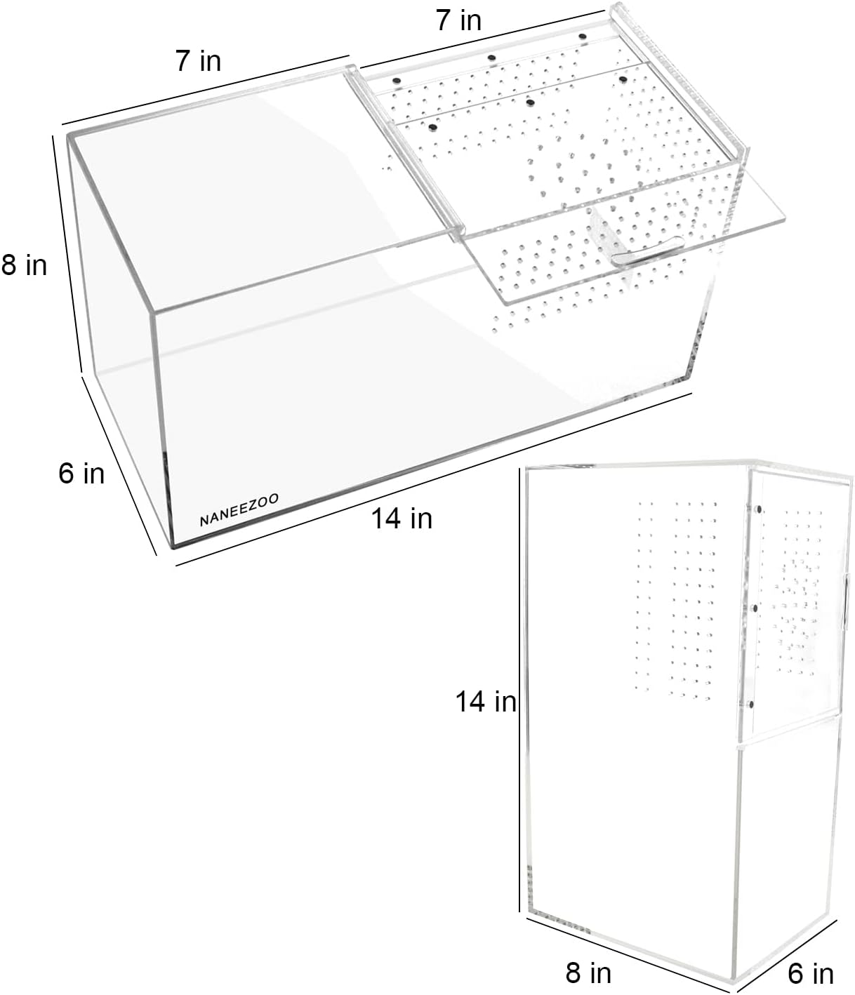 NANEEZOO Acrylic Reptile Terrarium Enclosure, 14”x6”x8” Tarantula Enclosure with Magnetic Sliding Door, Breeding Box for Arboreal Reptiles, Amphibians, Mantis, Spiders, Cricket & Other Invertebrates