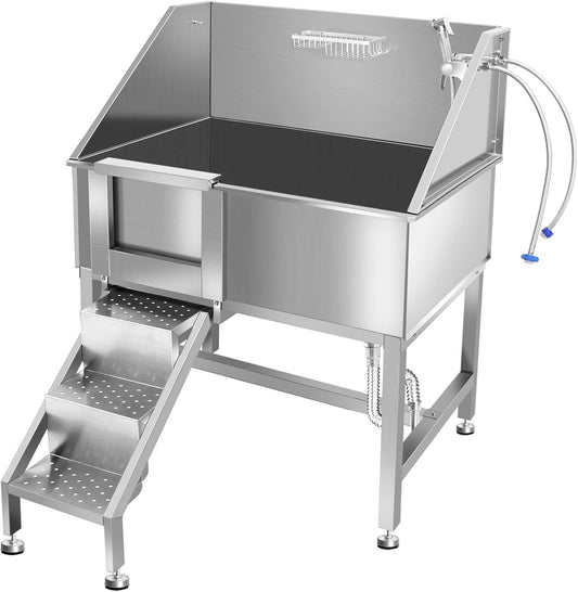 38" Pet Dog Bathing Station W/Stairs, Professional Stainless Steel Dog Grooming Tub W/Soap Box, Faucet,Rich Accessory, Dog Bathtub for Large,Medium,Small Pets, Washing Sink for Home,L-RAMP