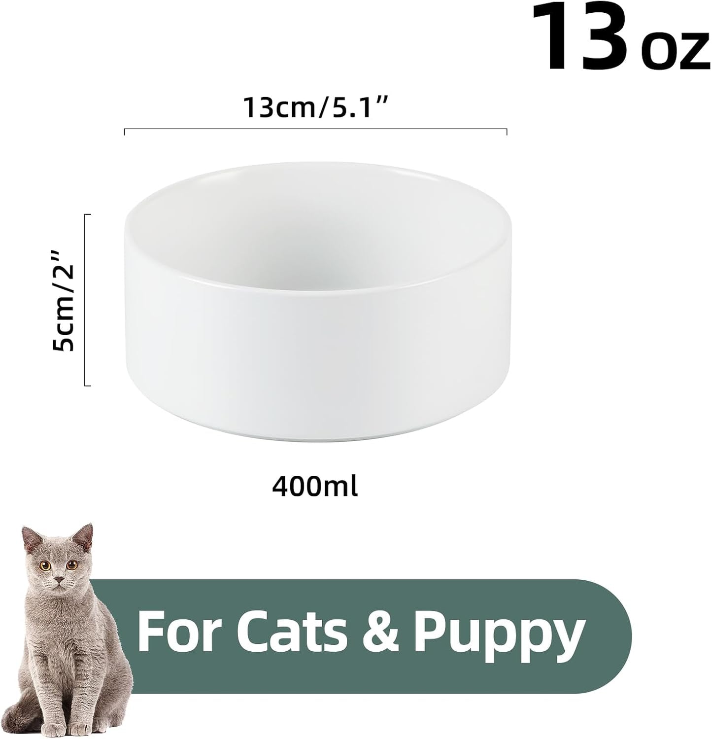 Ceramic 5.1inch Set of 2 Dog and Cat Bowls, Food and Water Feeder for Small Breed Dogs, Kitty, Cats, 2pcs Dog & Cat Dishes(2 Bowls, White)