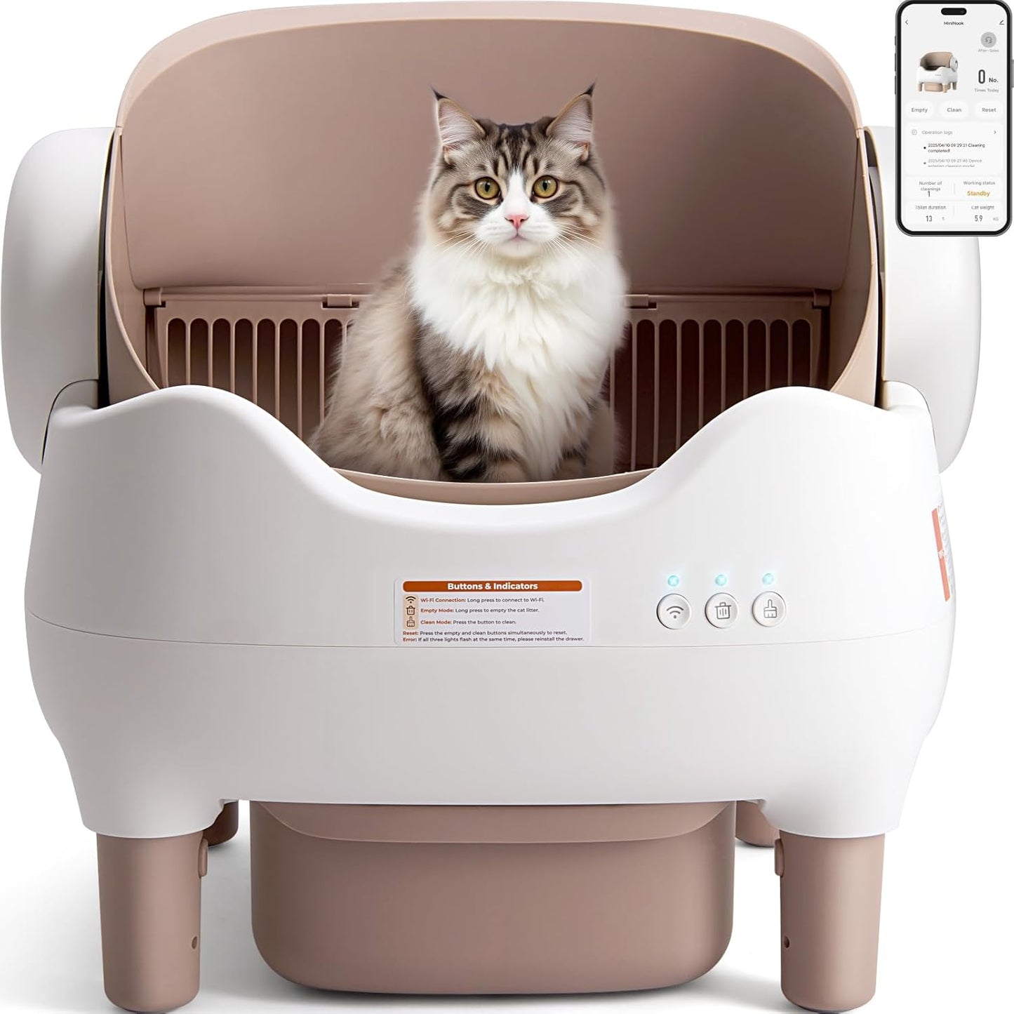 Self Cleaning Litter Box, Automatic Cat Litter Box with APP Control, Odor-Free Waste Disposal Includes Trash Bags, Large Waste Bin, Open-Top, for Multiple Cats