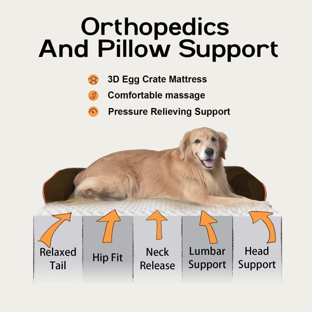 Large Dog Bed Orthopedic Washable - Waterproof with Removable Cover - Memory Foam - XXL Large Big Dogs - Beds Bolster Pet - Couch Sofa - Brown Dog Bed