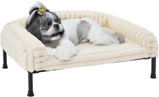 Veehoo Elevated Dog Bed with Bolster Cushion, Fluffy Plush Dog Couch Beds for Small Dogs, Cats, Washable Raised Pet Cot with Non-Slip Feet for Indoor or Patios Use, 30 x 20 Inches, White