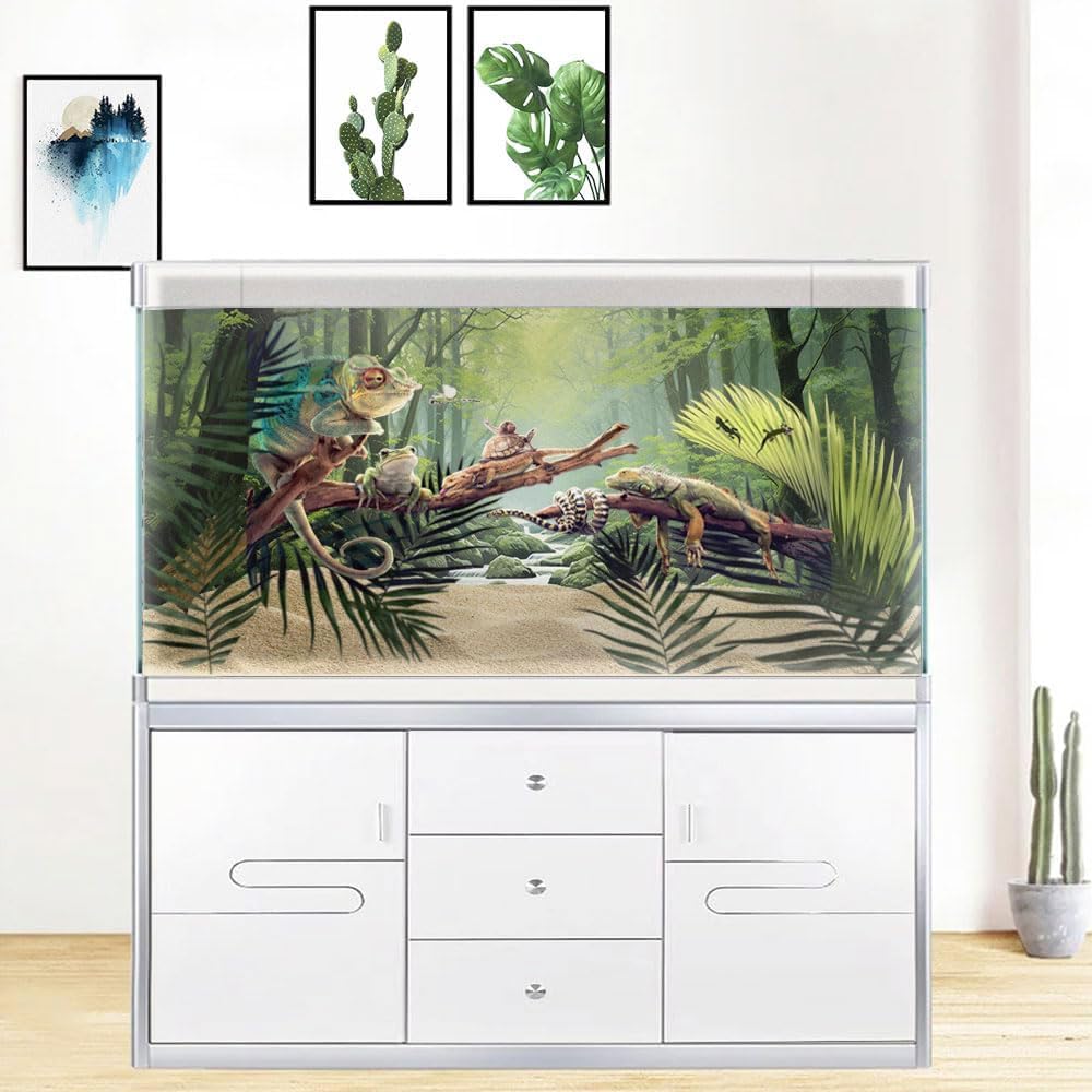 72X18IN Tropical Forest Terrarium Background, Natural Green Forest Tree Reptile Habitat Background, Misty Rainforest Aquarium Background, with 8 EVA Double-Sided Tape