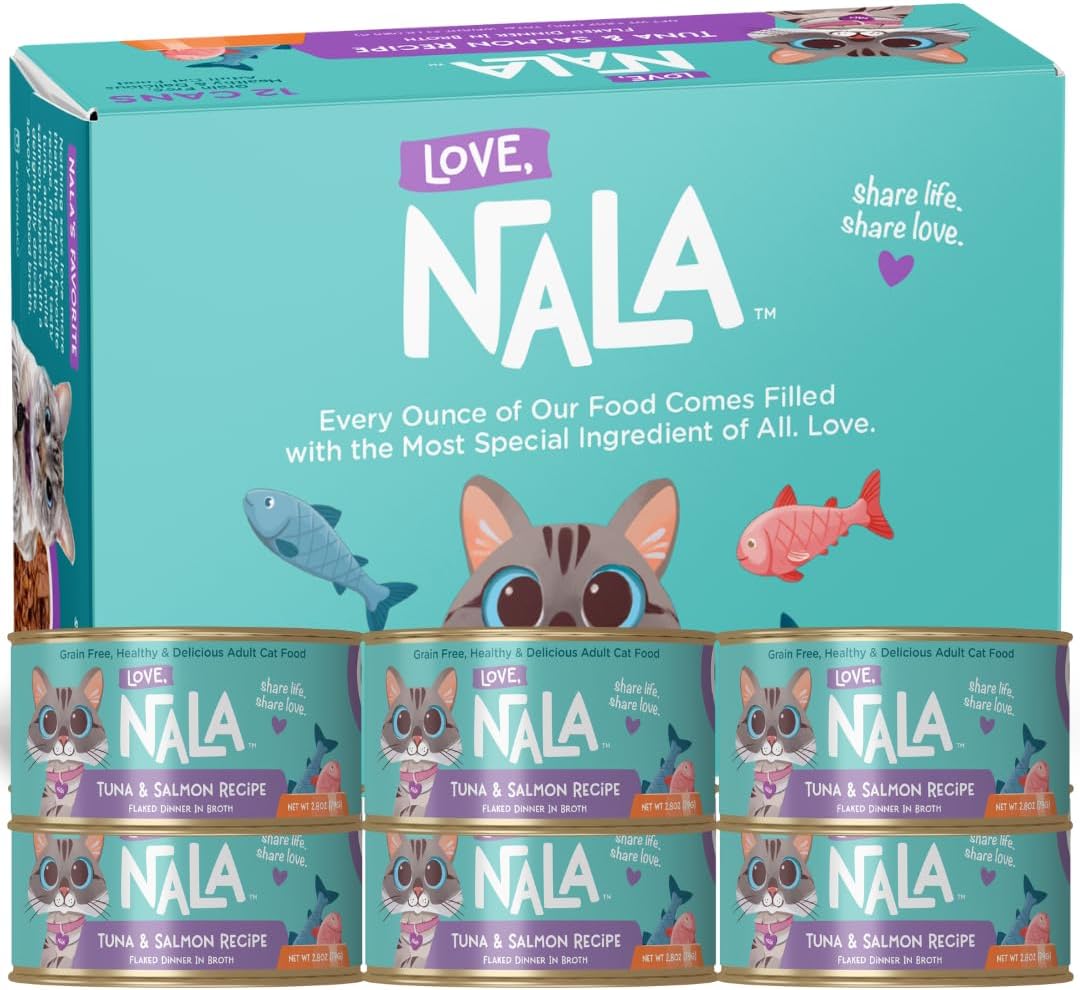 LOVE, NALA - Natural Adult Cat Wet Food - FLAKED Tuna and Salmon in Broth- Grain Free, Non-GMO, Lean Protein, Omega 3, Added Minerals & Vitamins - 12 Pack 2.4 lbs.