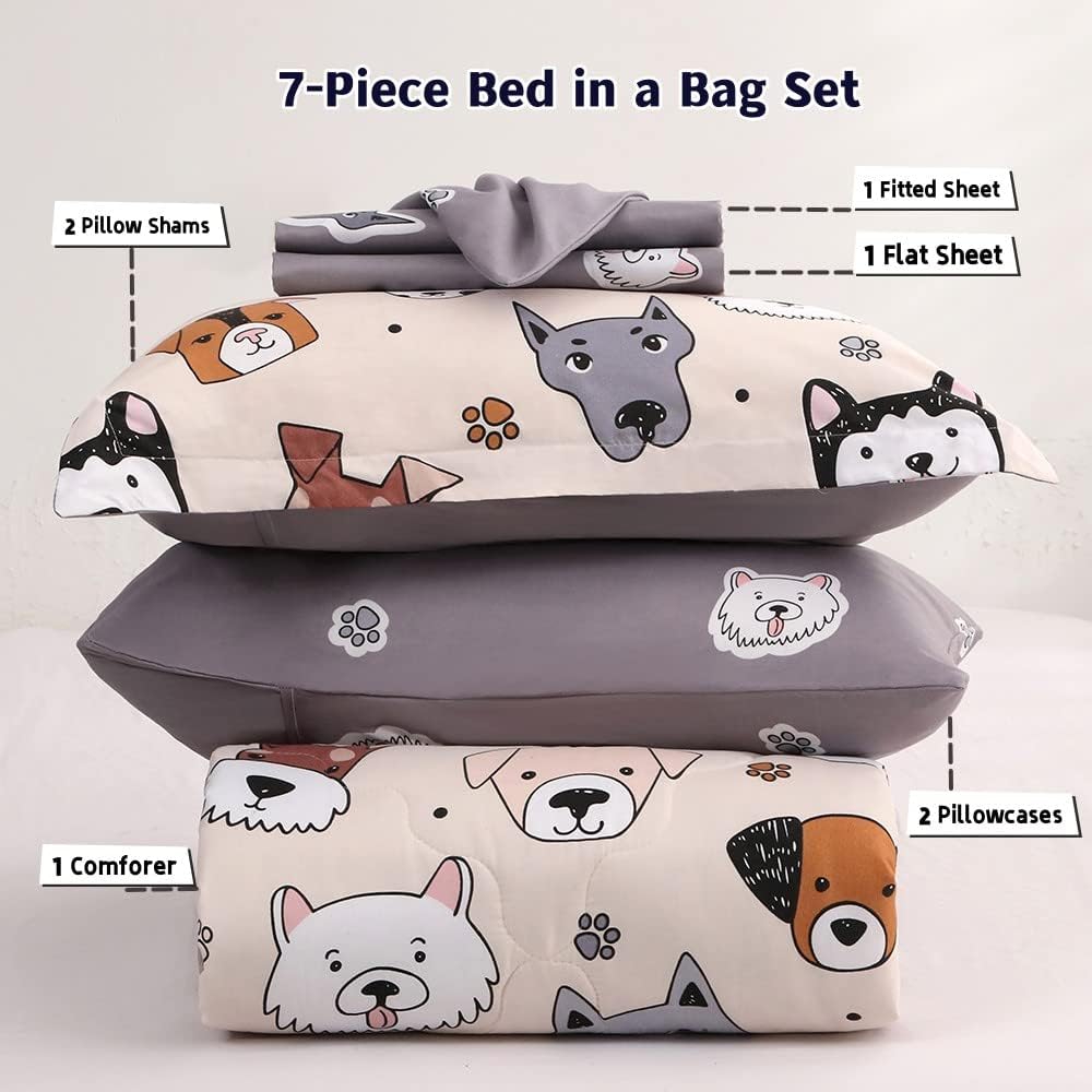 Kids Comforter Set 7 Piece Bedding Cute Dog Cartoon Animal Bed Microfiber Comforter Twin Size All Season (1 Comforter, 1 Flat Sheet, 1 Fitted Sheet, 4 Pillowcase)