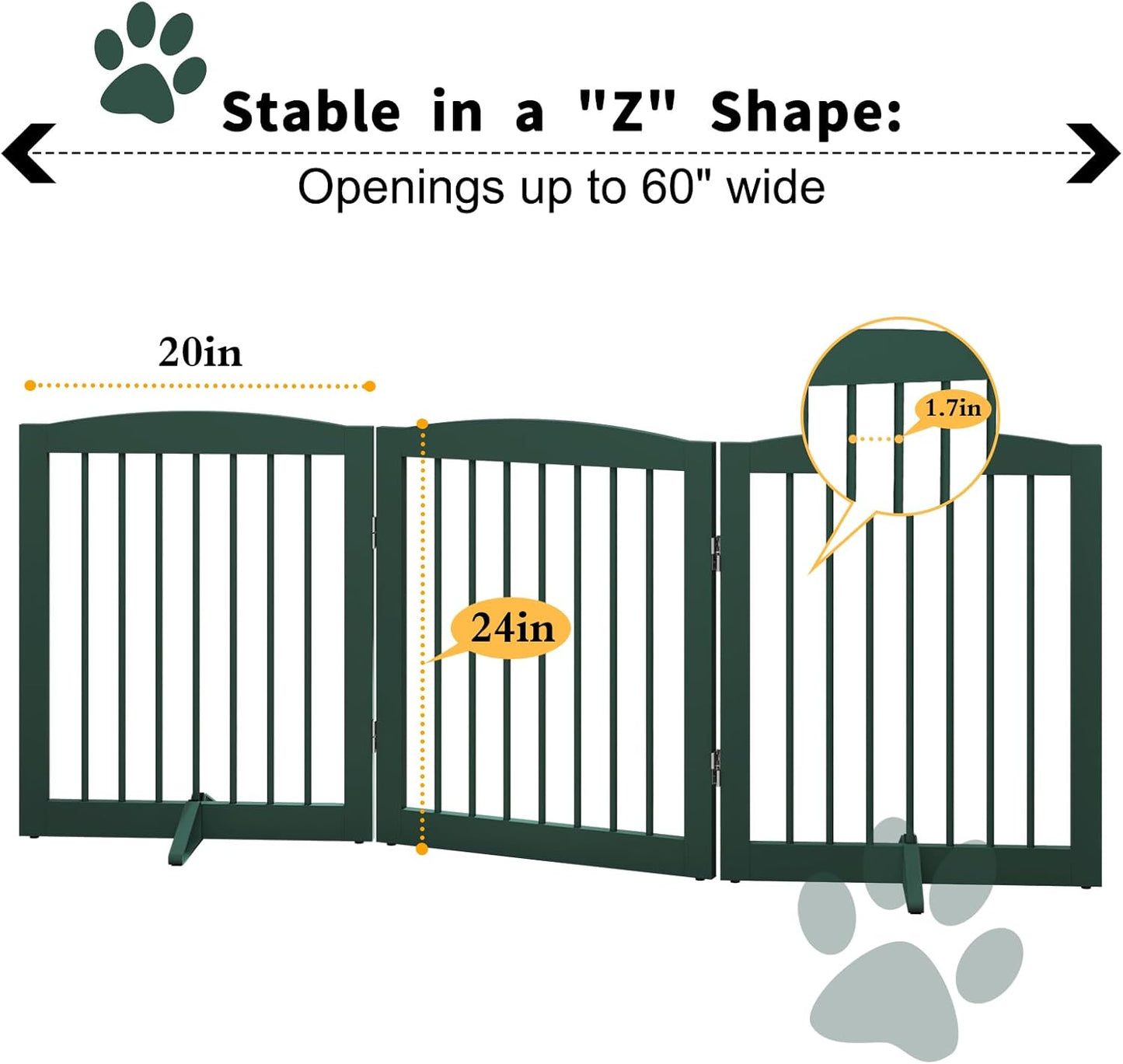 Freestanding Pet Gate for Dogs, Foldable Wooden Dog Gate for House, Indoor Dog Gate for Doorways, Stairs, Step Over Pet Puppy Safety Fence, Support Feet Included,24" Height 3 Panels,Green