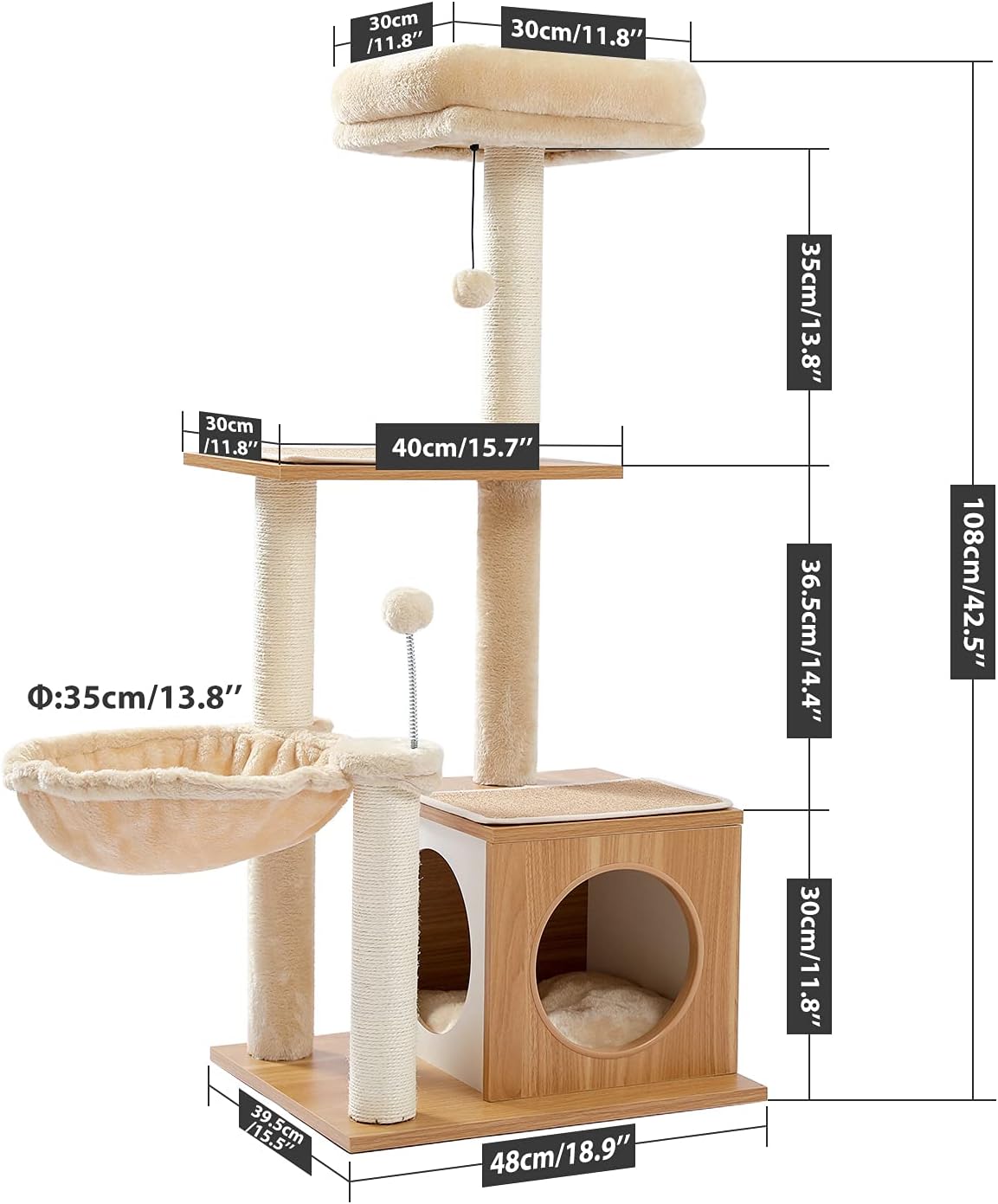 PEQULTI Cat Tree Modern Cat Tower for Indoor Cats,Multilevel Cat Play House with Large Condo, Spacious Hammock, Cozy Top Perch,Scratching Post and Dangling Balls