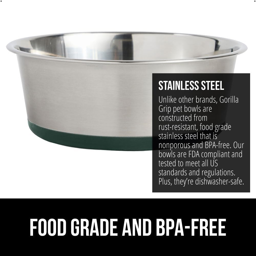 GORILLA GRIP Set of 2 Dog Bowls, Heavy Duty Metal Food and Water Bowl for Feeding Dogs and Cats, Dishwasher Safe, Rust Resistant Stainless Steel, BPA Free Rubber Base, Holds 1 Cup (8 fl oz), Green