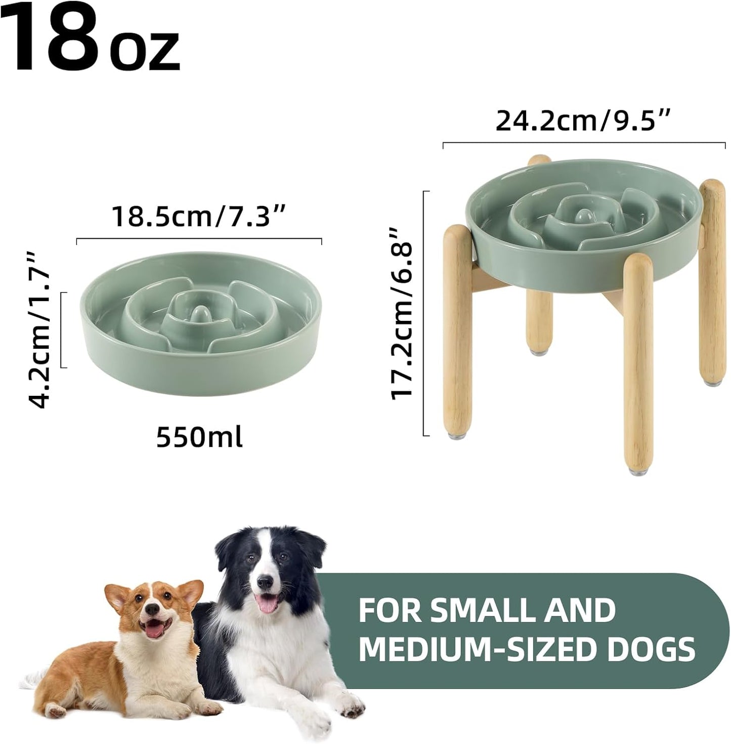 7.3inch Ceramic Raised Slow Feeder Dog Bowl Set, Elevated Wooden Stand for Medium and Small Dog, Puzzle Slow Dish, Preventing Choking(Light Green, Single Bowl+ Stand)
