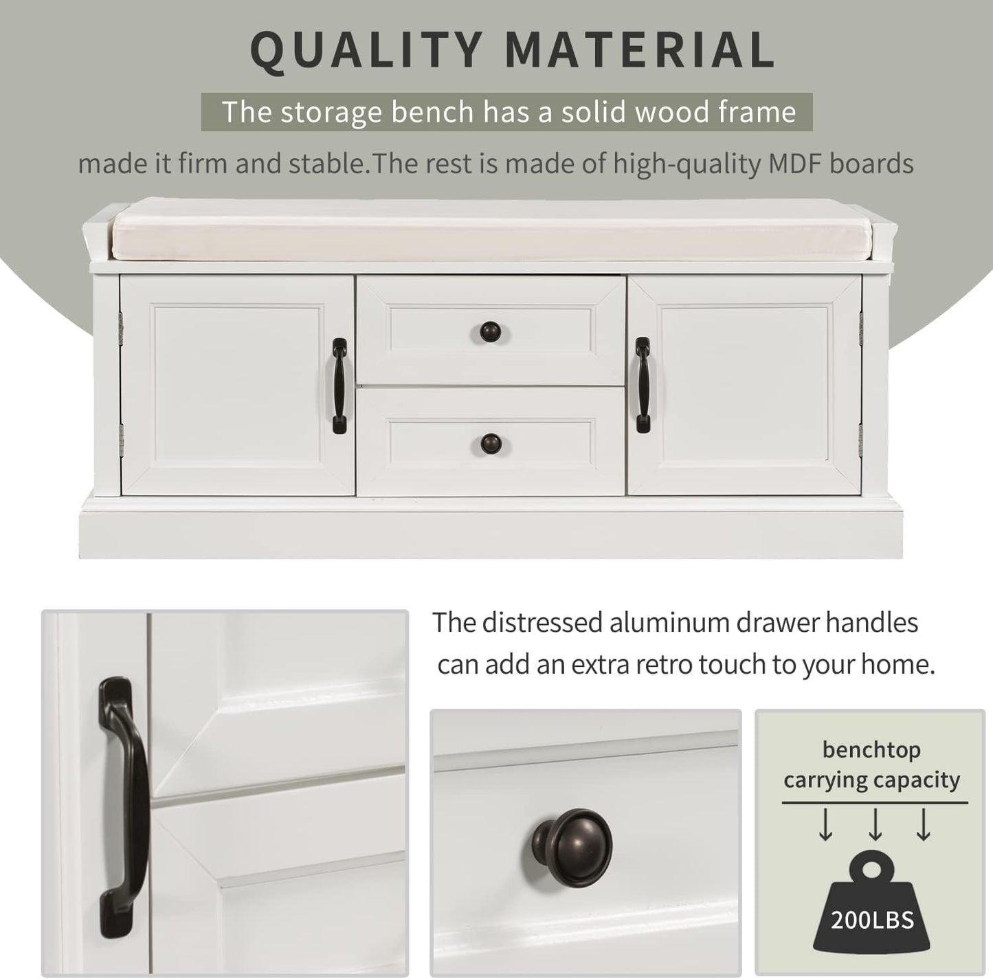 Storage Bench with 2 Drawers and 2 Cabinets, Pine Wood Shoe Bench with Removable Cushion for Living Room, Entryway 42.5" L x 15.9" W x 17.5" H (White)