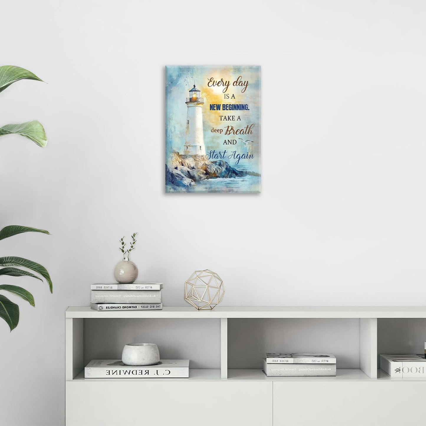 Ocean Lighthouse Pictures Wall Art, Coastal Nautical Bathroom Wall Decor Every Day is a New Beginning Motivational Quote Framed Painting Canvas Artwork for Bedroom Living Room Decorations 20"L x 16"W