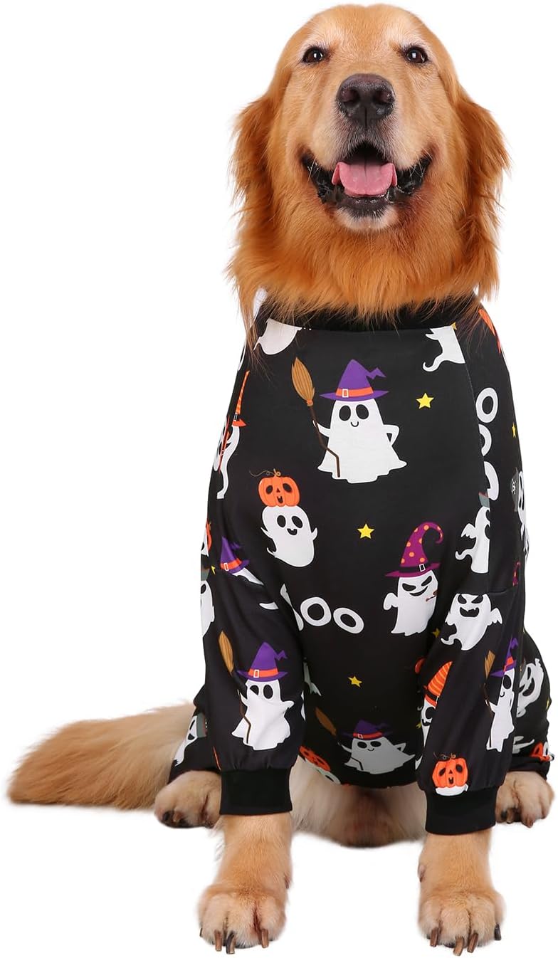 HDE Dog Pajamas One Piece Jammies Jumpsuit Pet Clothes Outfit Stretchy Lightweight Comfy Shirt Pjs for M-3XL Dogs Cute Ghosts - 2XL