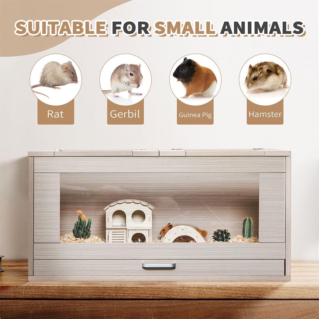 Large Hamster Cage, Wooden Hamster Cages and Habitats with Storage Cabinet and Openable Top Decorative Pet House Acrylic Panels for Hedgehog Gerbil and Rat (31.5"× 15.7"× 33.5")