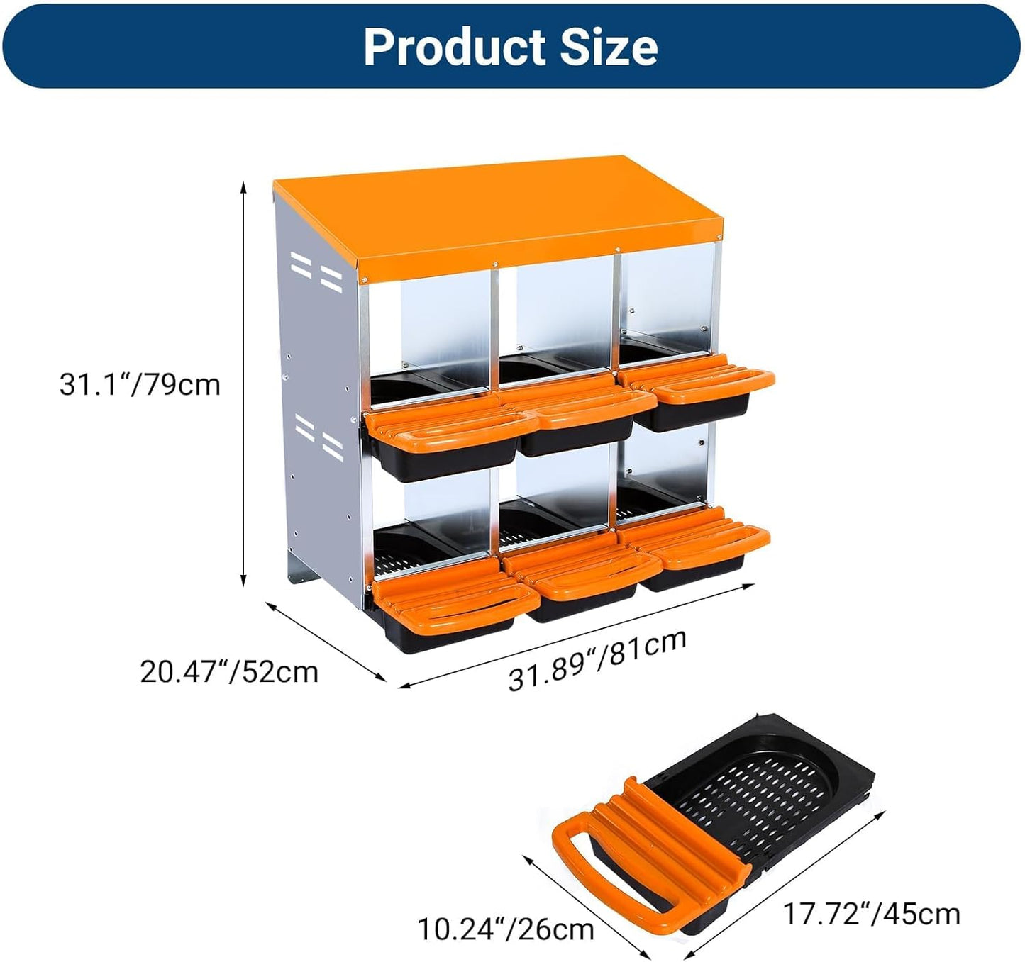 Chicken Nesting Boxes, 6 Hole Metal Chicken Laying Box with with Removable Trays and Roll Out Egg Collection for Chicken Coop, Orange