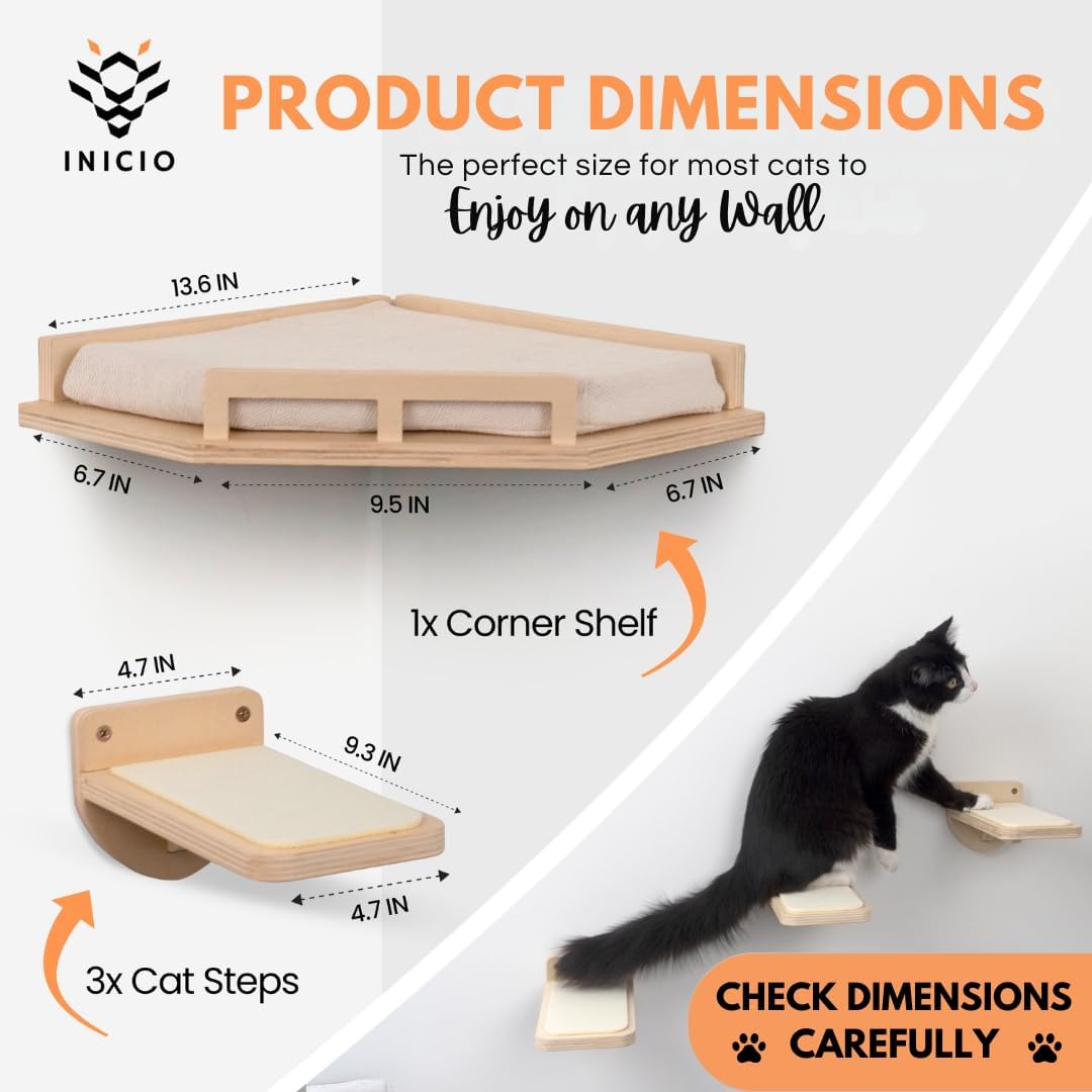 INICIO Cat Wall Shelves - Modern and Durable 3 Step Cat Furniture for Wall - Stylish Birch Floating Shelf for Cats up to 15lbs - Wooden Corner Shelves with Cushioned Perch - Natural Wood
