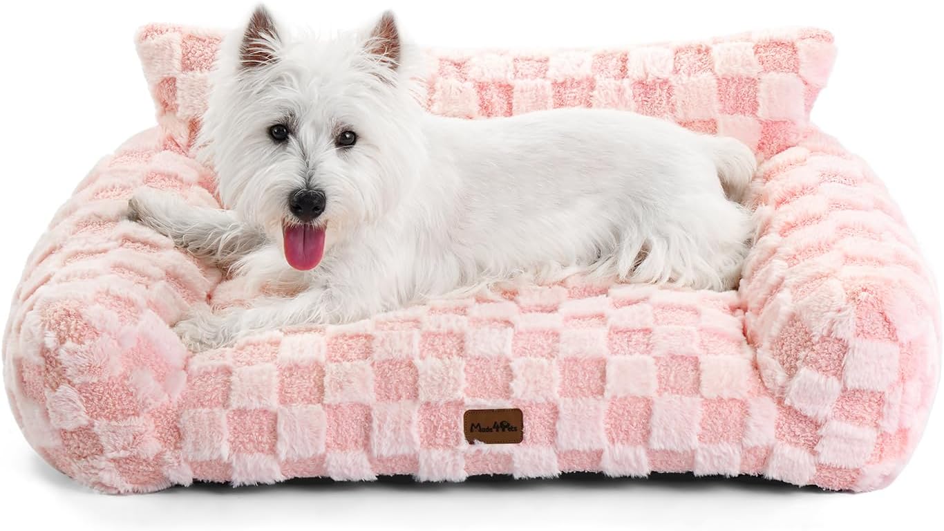 Made4Pets Cat and Dog Couch Bed, Soft Faux Fur Checkered Pet Sofa, Cozy Fluffy Pet Sofa with Supportive Foam, Removable Washable Cover with Non-Slip Base, Pink, Medium