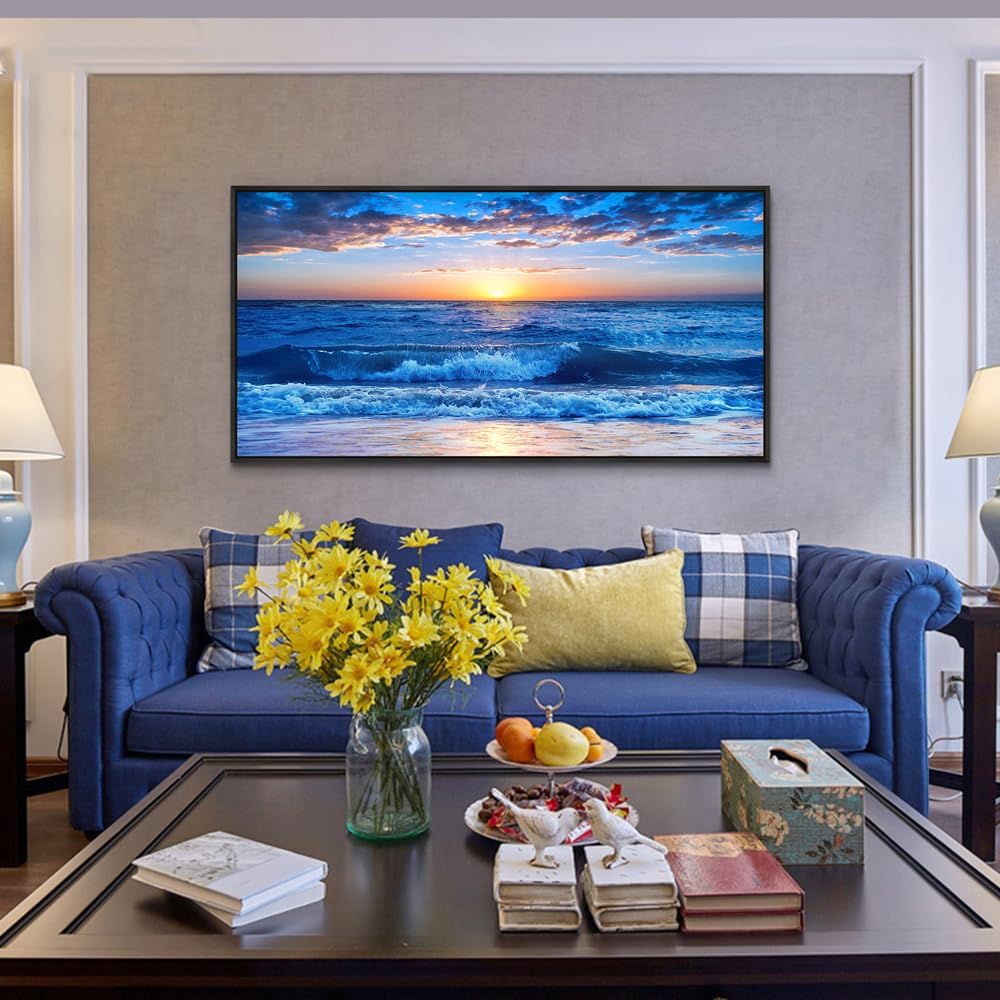 Wapluam Large Canvas Art - Blue Ocean Beach Scene, Sunny Sea View, Wave Wall Pictures, Black Framed Home Decor