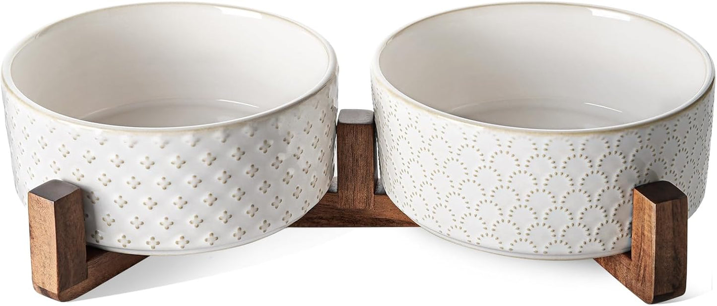 LE TAUCI Ceramic Dog Bowls with Acacia Wood Stand - 7 Inch Food & Water Set for Medium-Large Dogs - Weighted Pet Bowls