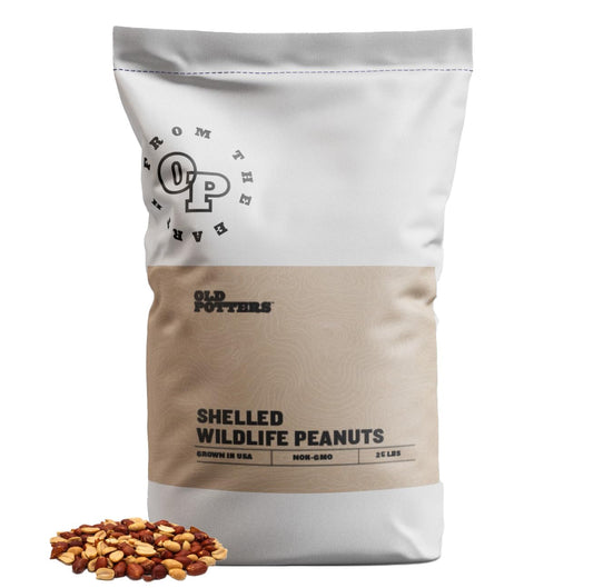 Old Potters Wildlife Shelled Peanuts, 25 lbs for Birds, Squirrels, and Wildlife. USA Grown Non-GMO, Organic Small Farm, Raw Shelled Peanuts. Wildlife Grade, 25 lbs.