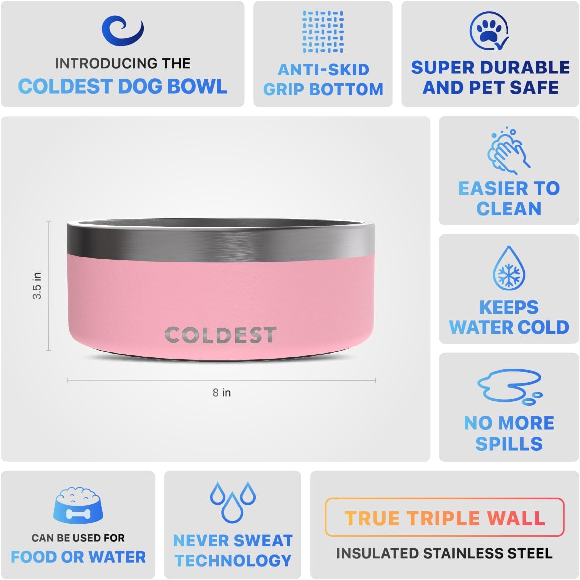 Coldest Dog Bowl - Anti Rust Metal, Non Slip, 3 Layers Insulated Stainless Steel Dog Bowls - Spill Proof & Heavy Duty - Water Bowl for Dogs, Cats & Pets, Dish Washer Safe (64 oz,Cotton Candy Pink)