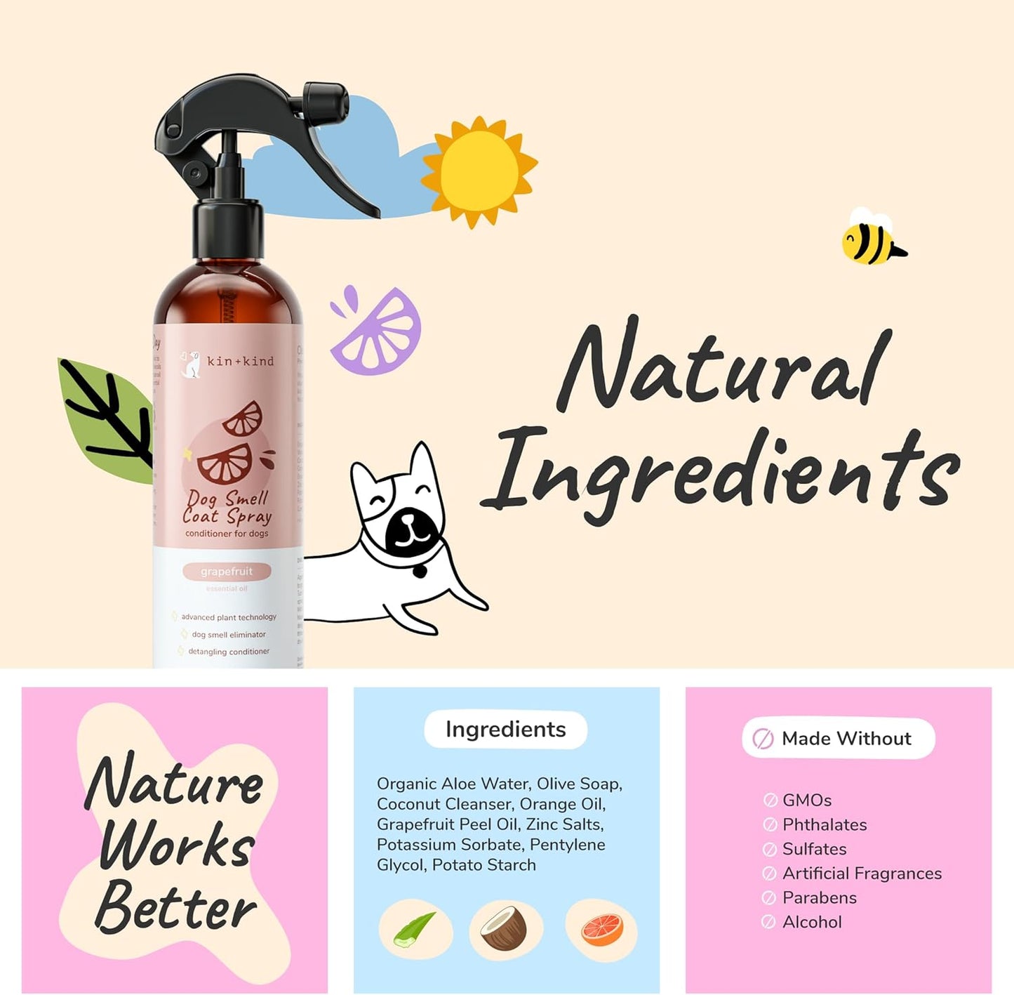 kin+kind Dog Deodorizing Spray - Safe, Natural, & Easy to Use Pet Odor Eliminator - Premium Dog Detangler Spray Formula Made w/Aloe - Dog Deodorizer for Smelly Dogs Made in The USA (12 fl oz)