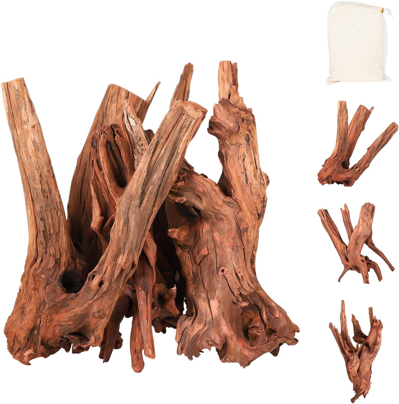 Driftwood for Aquarium Natural Aquarium Wood for Aquascaping Fish Tank Decorations Reptile Tank Decor (Natural Driftwood 6-10" (Pack of 3)+Protein Cotton)