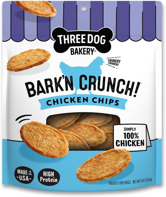 Three Dog Bakery Bark’N Crunch! Chicken Chips, Crunchy Treats for Dogs, Single Ingredient, High Protein Snacks, No Artificial Flavors or Colors, Made in The USA, 8 oz