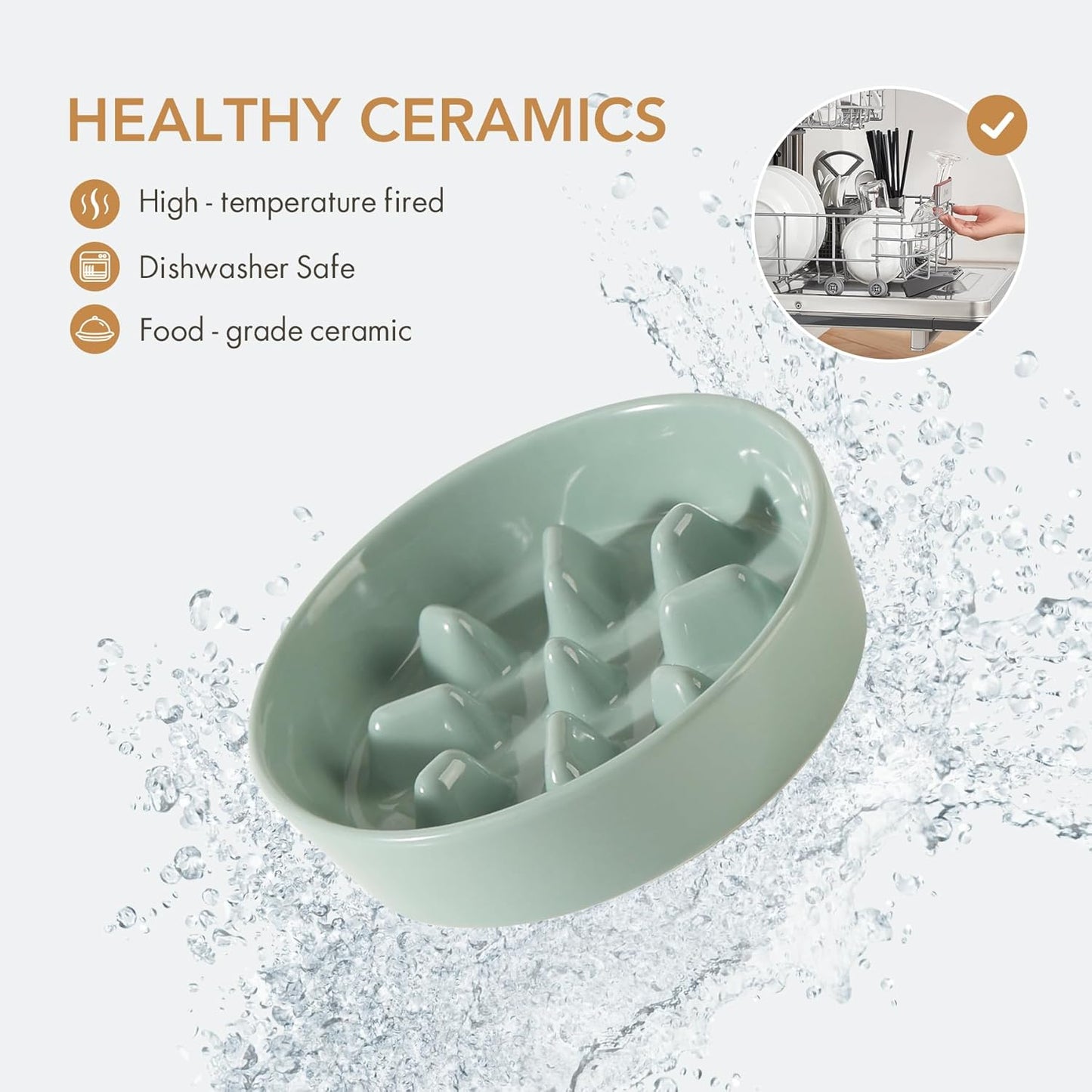 Ceramic 6.1inch Dog Bowl Slow Feeder, Slow Pet Food Dish for Small Dog and Cat, Stop Bloat, Preventing Choking(Single Bowl, Light Green)